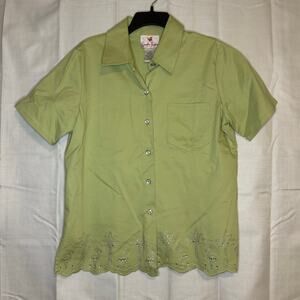 Quacker Factory Green Flamingo Palm Rhinestone Shirt Medium Short Sleeve
